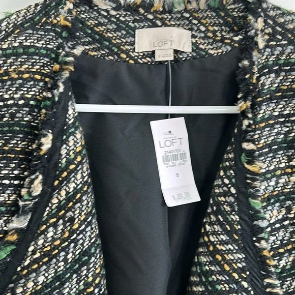 LOFT Tweed Jacket Open Front Fringe Trim Career Black Gold Size 6 - Picture 3 of 8